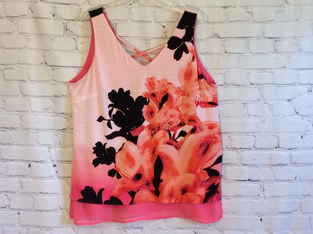 Worthington Woman’s Size PXL Pink Black Floral Sheer Layered Tank/TunIc/Blouse
